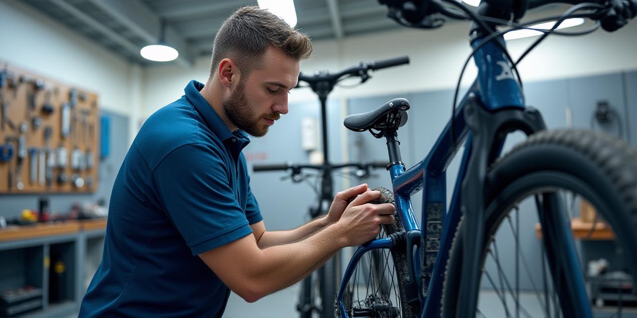 Meccanico esperto al lavoro su una bicicletta elettrica professionale